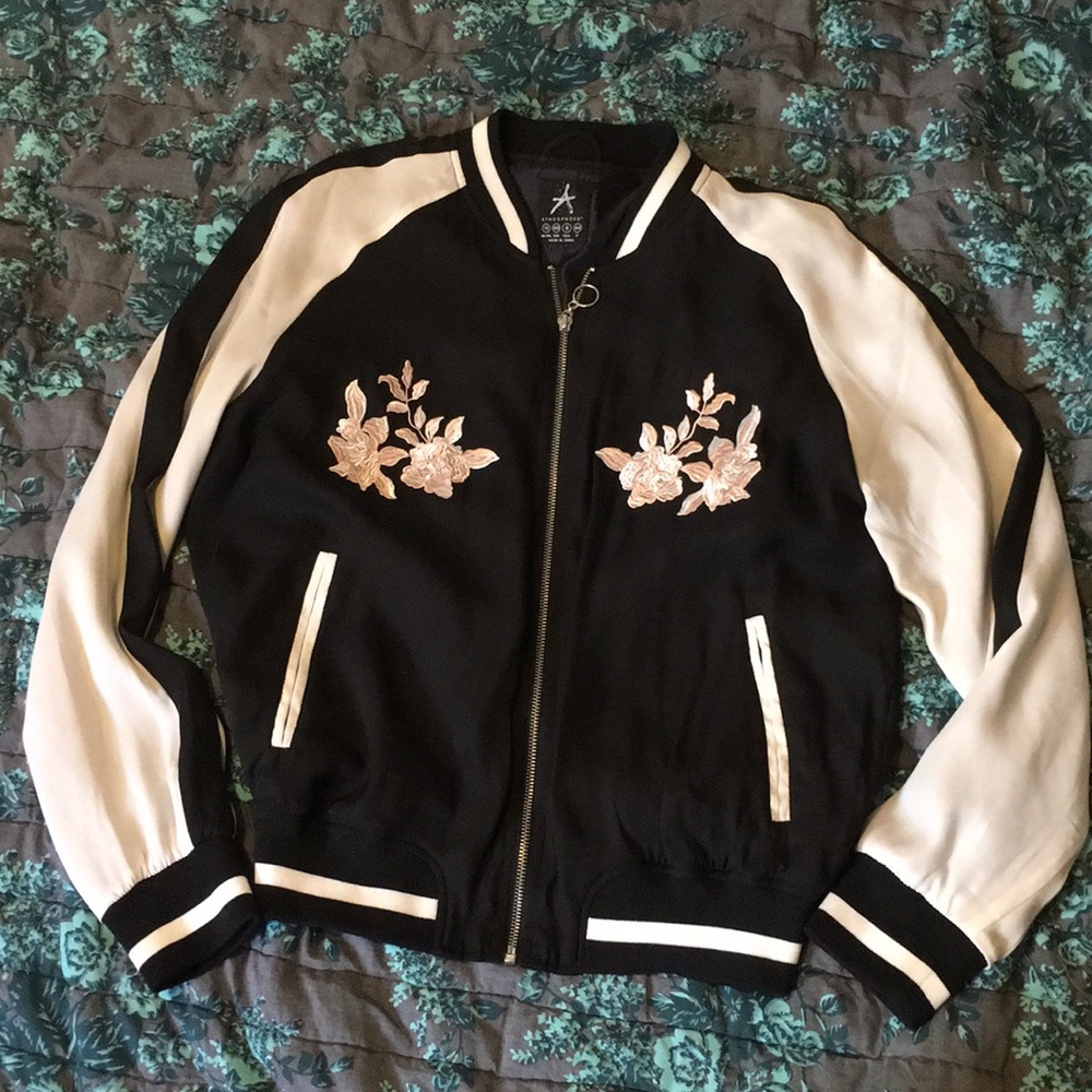 Rose appliqué Black White Pink silky bomber jacket